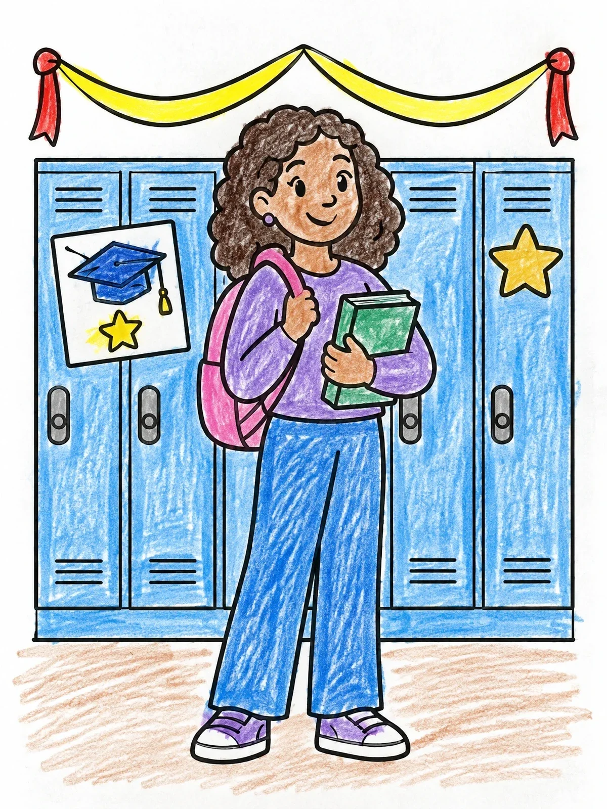Colored example of the Happy Student By School Lockers coloring page