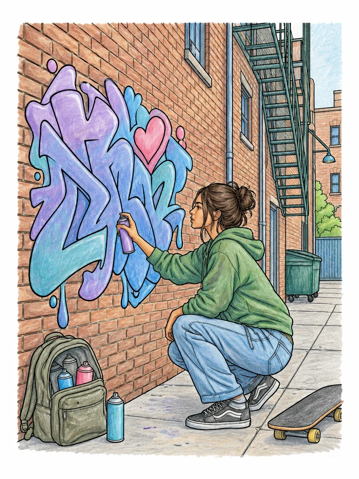 Colored example of the Graffiti Artist In Urban Alley coloring page