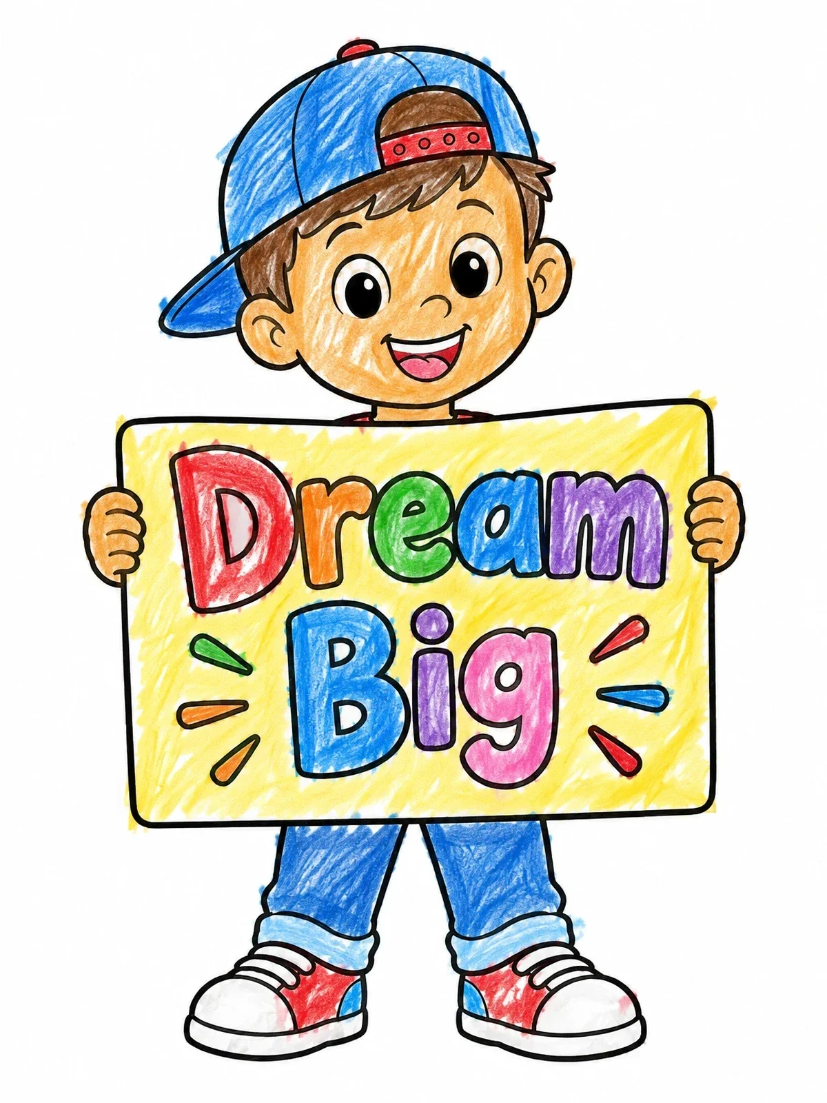 Colored example of the Boy Holding Dream Big Sign coloring page