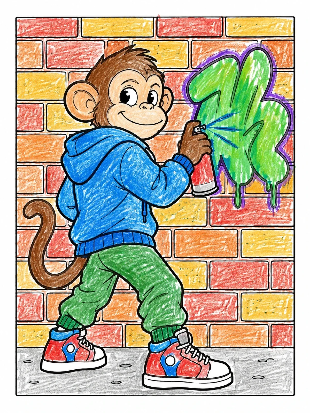 Colored example of the Cartoon Monkey Tagging Brick Wall coloring page