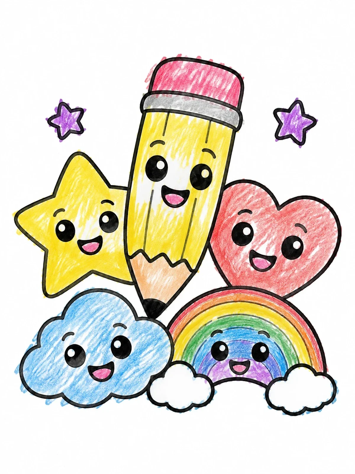 Colored example of the Cute Doodle Pencil And Friends coloring page