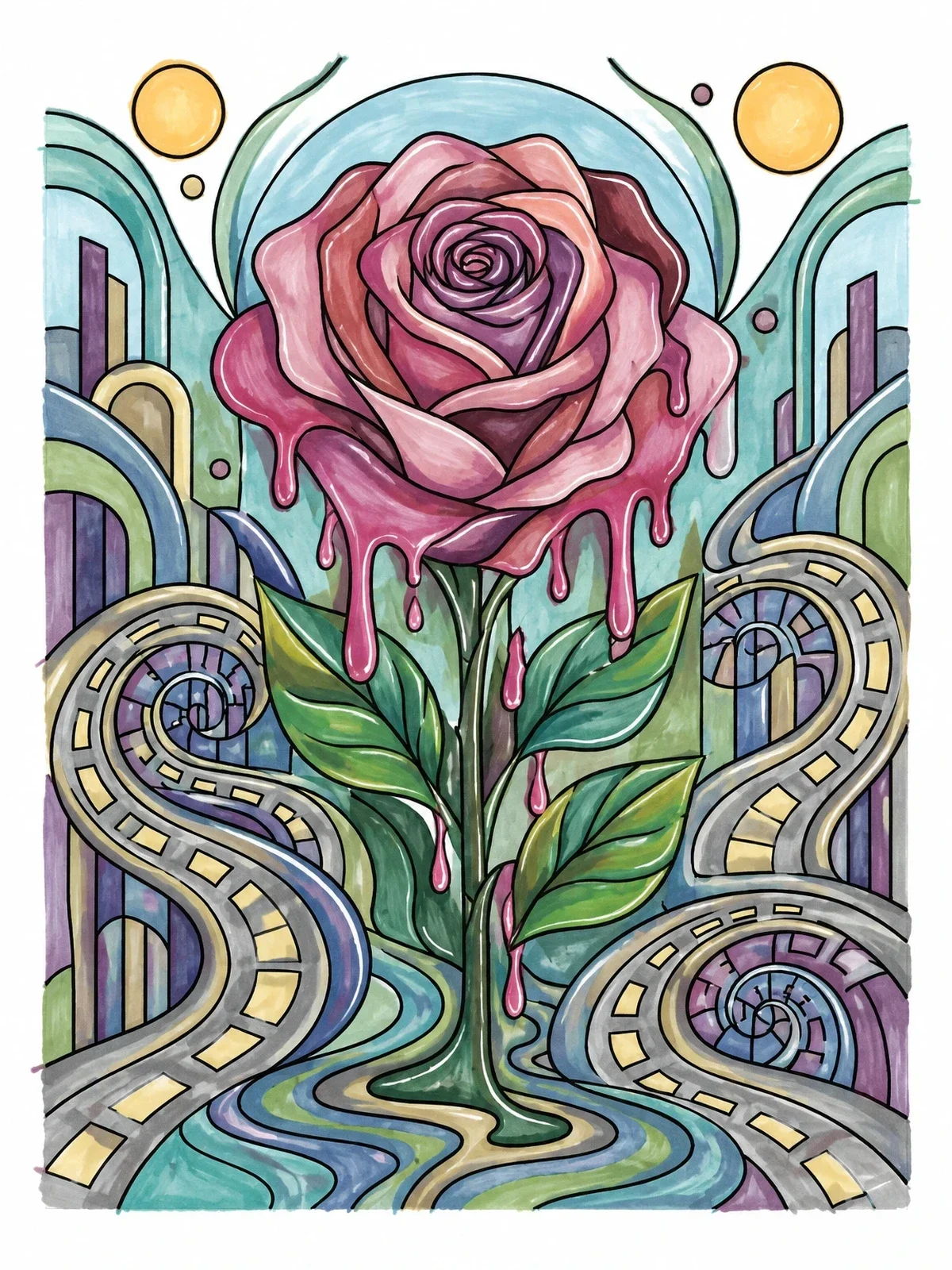 Colored example of the Dripping Rose In Urban Maze coloring page