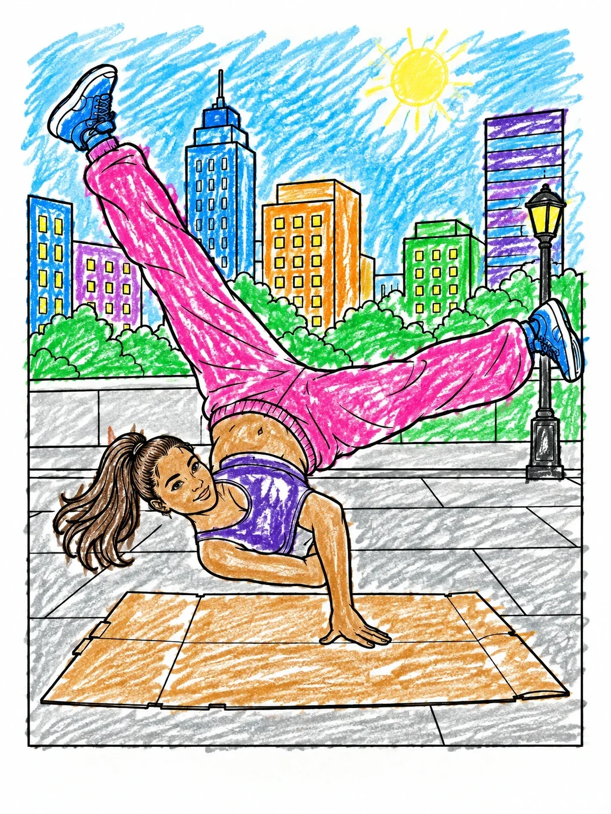 Colored example of the Breakdancer Freeze On City Sidewalk coloring page