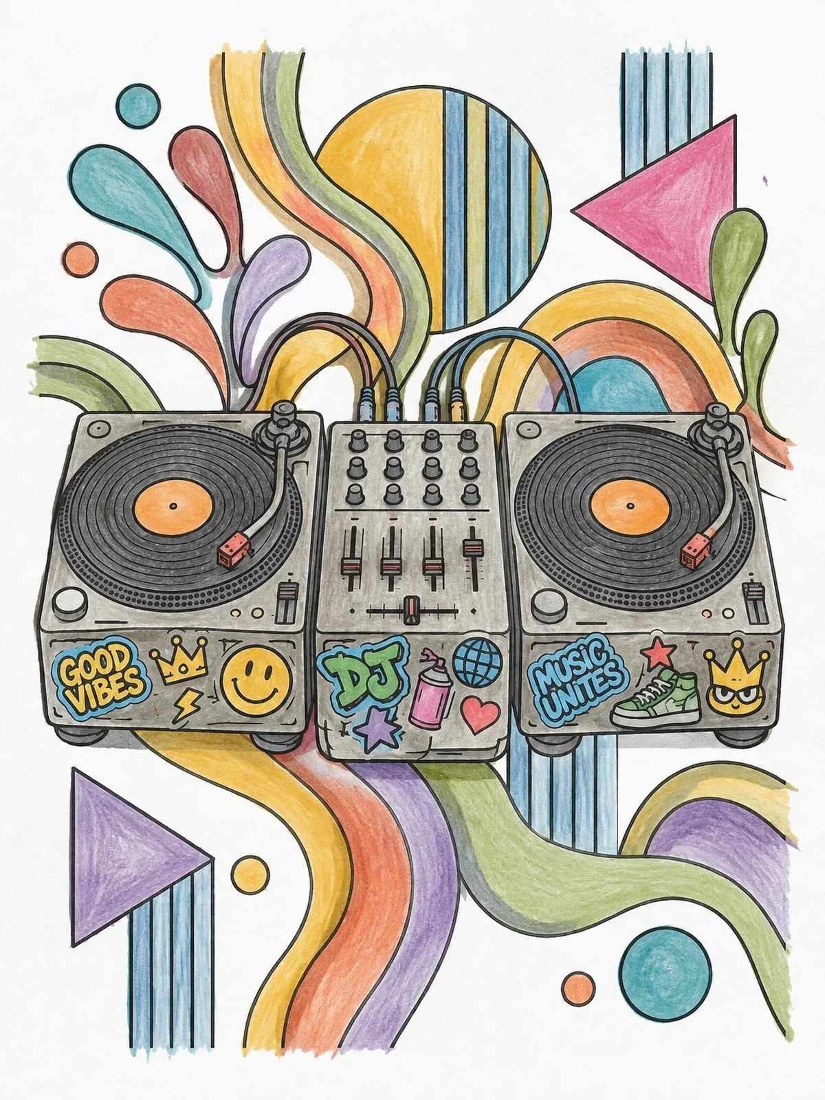 Colored example of the Dj Turntables And Street Art Stickers coloring page