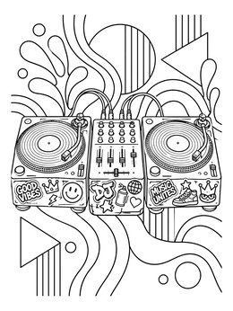 A detailed graffiti hip hop coloring page showing two vinyl turntables and an audio mixer with stickers.