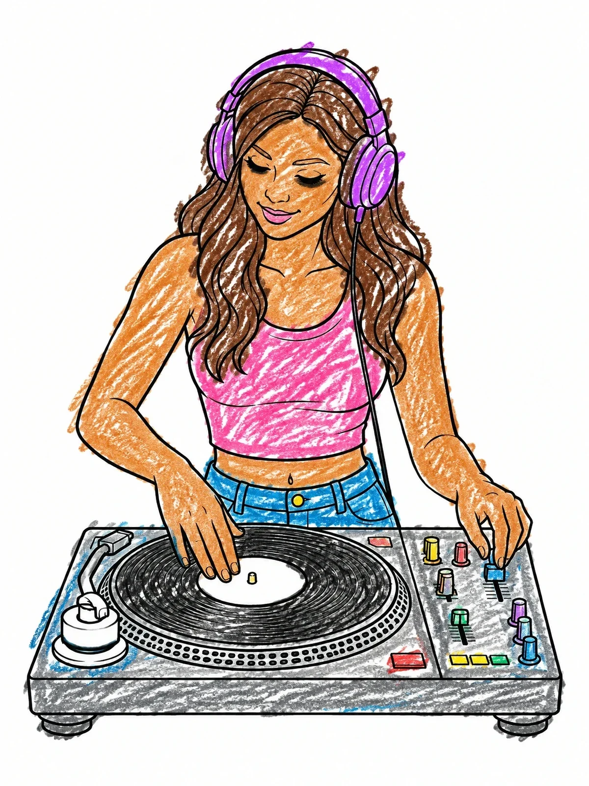 Colored example of the Female Dj At The Turntable coloring page