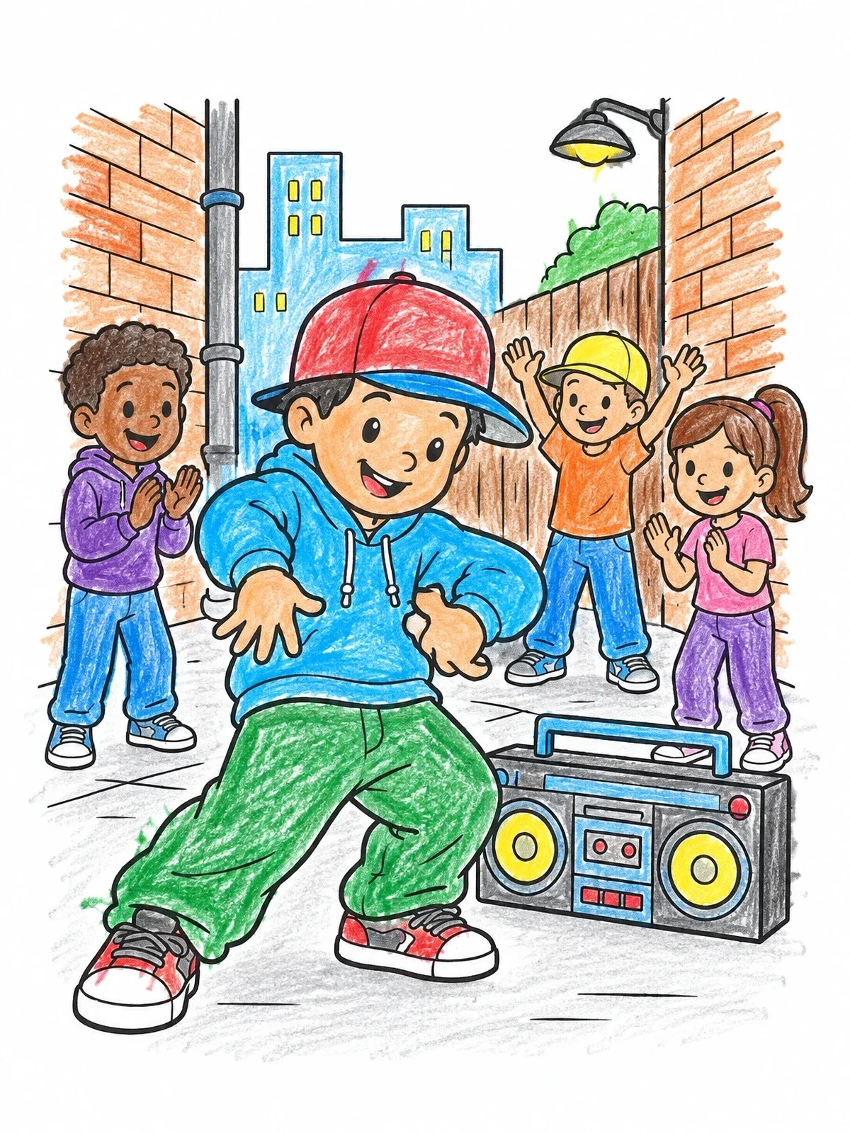 Colored example of the Hip Hop Kids Street Dance coloring page