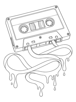 A vintage audio cassette with dripping tape ribbon in this graffiti hip hop coloring page.
