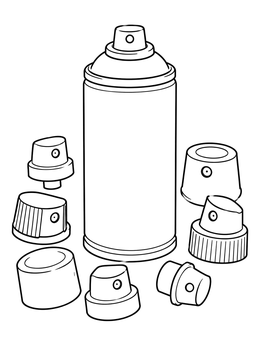 An aerosol can surrounded by various caps on this graffiti hip hop coloring page.