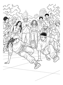 A lively street breakdance battle on this graffiti hip hop coloring page with an engaged crowd.