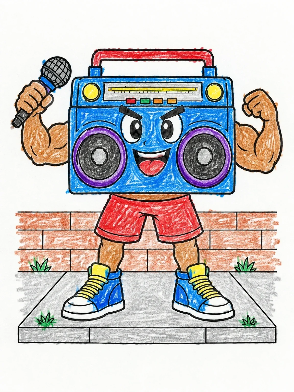 Colored example of the Muscular Boombox Character With Microphone coloring page