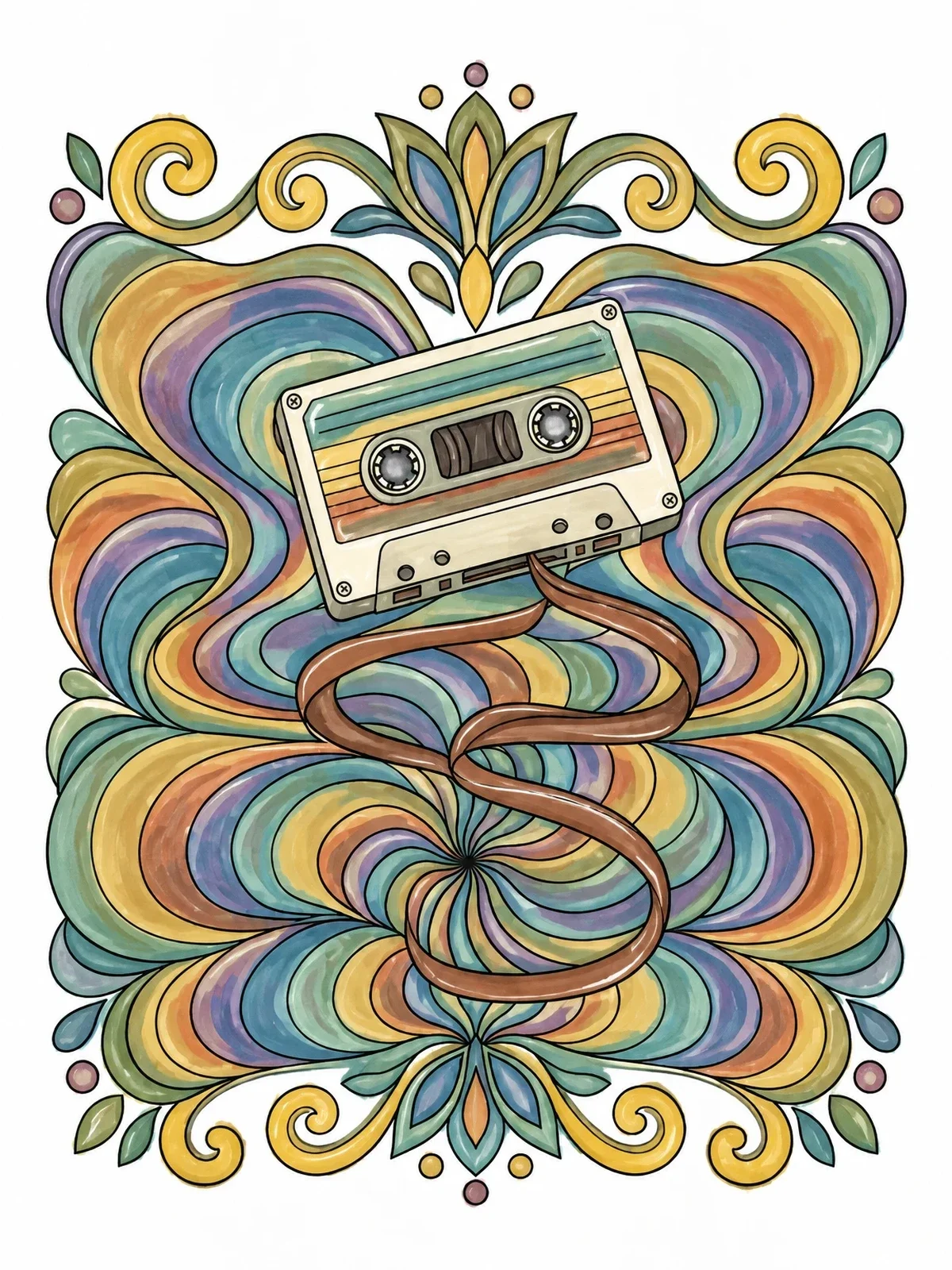 Colored example of the Retro Cassette Tape Illusion coloring page