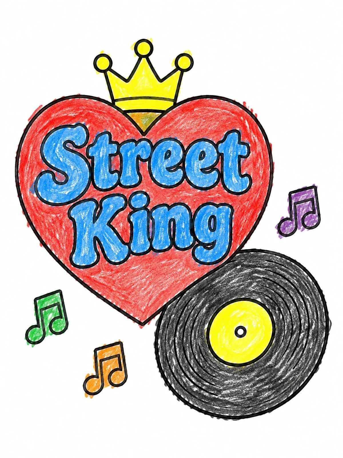 Colored example of the Street King Heart And Vinyl Record coloring page