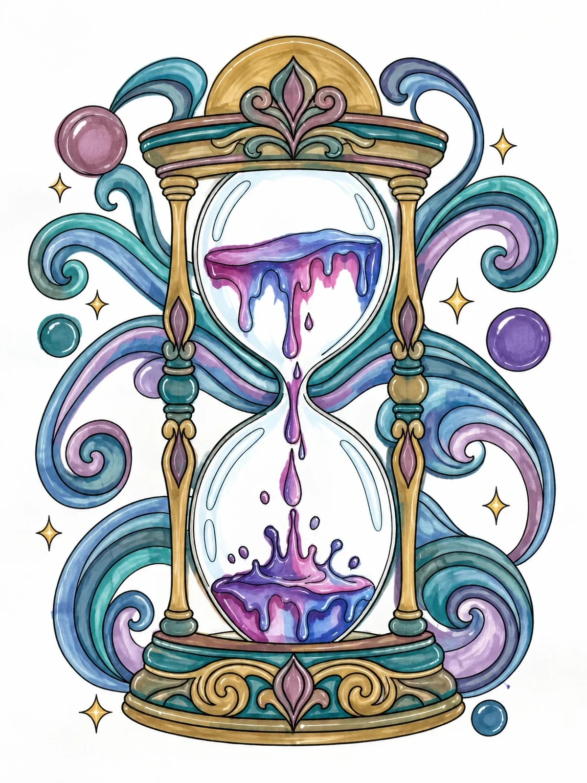 Colored example of the Surreal Dripping Paint Hourglass Art coloring page