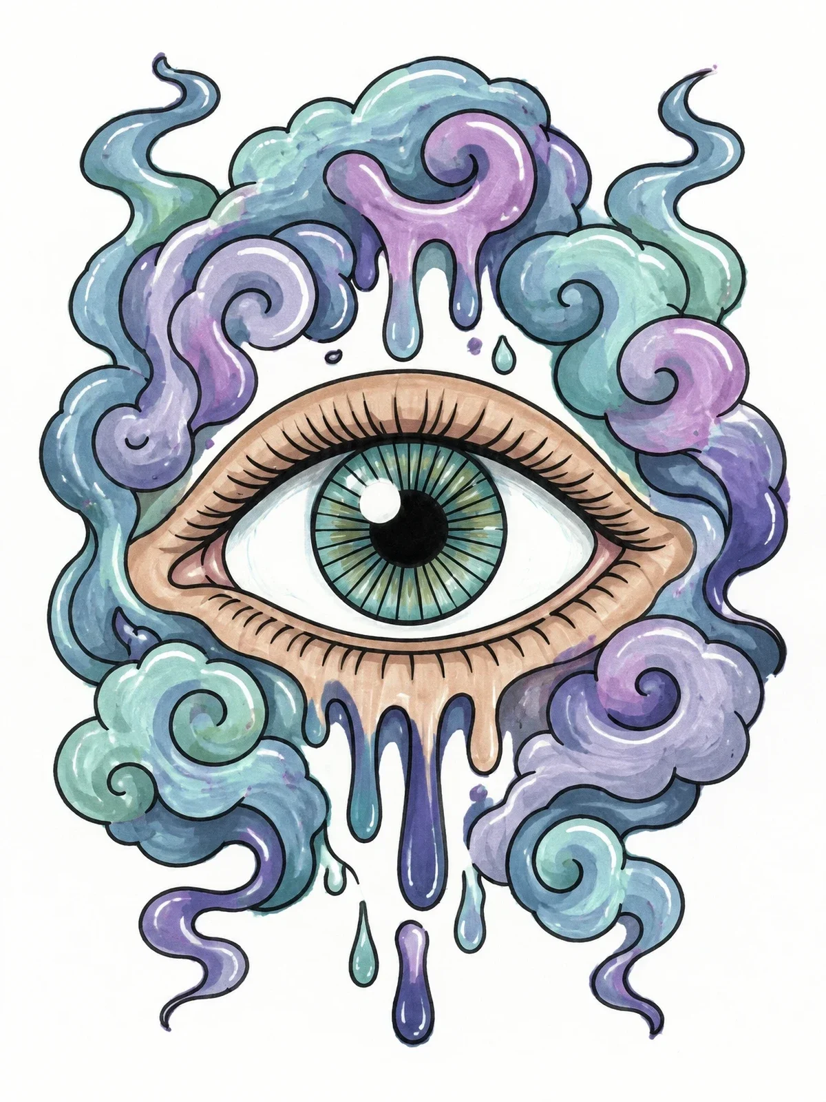 Colored example of the Surreal Melting Eye With Clouds coloring page