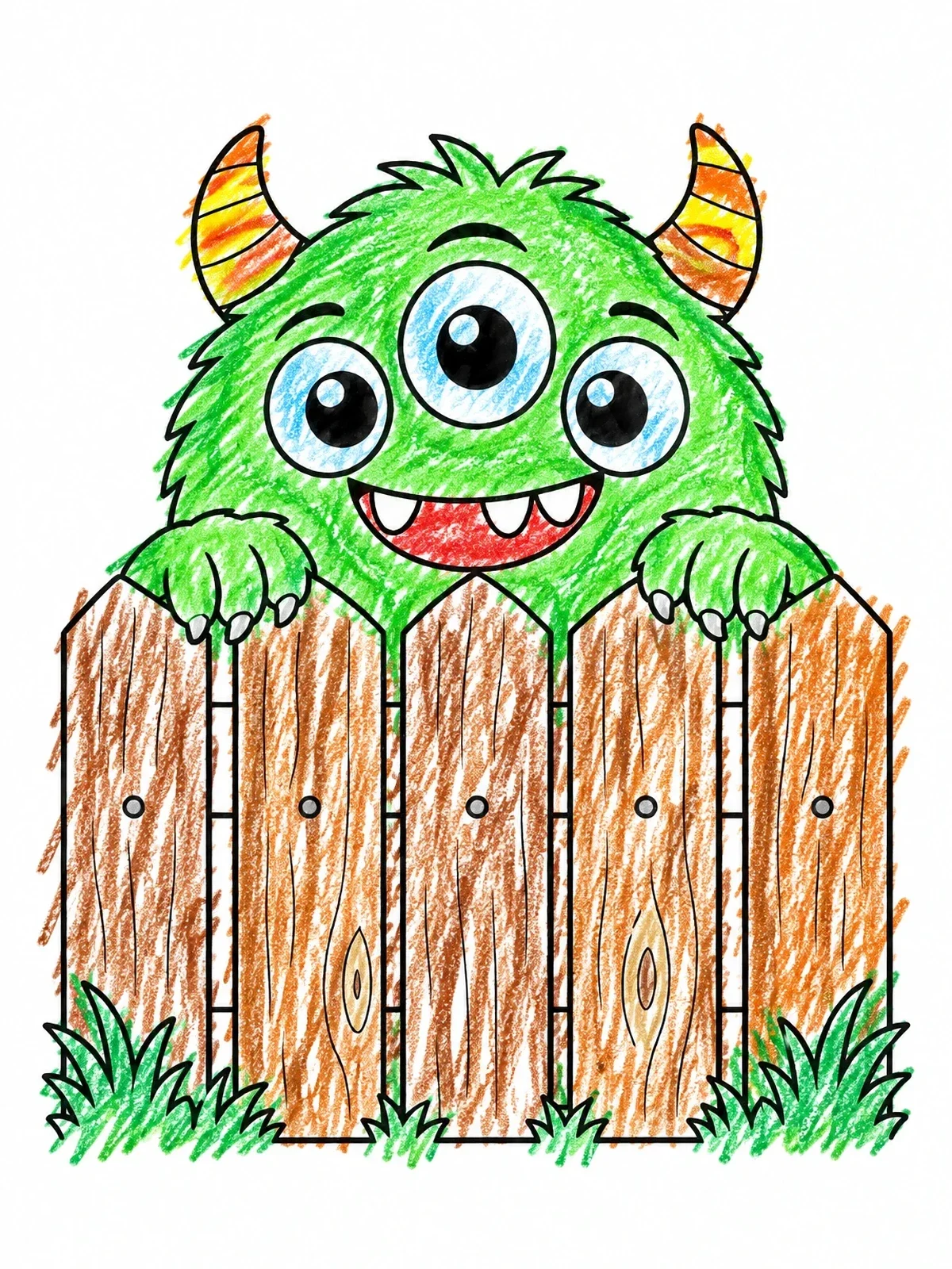 Colored example of the Three Eyed Monster Behind Fence coloring page