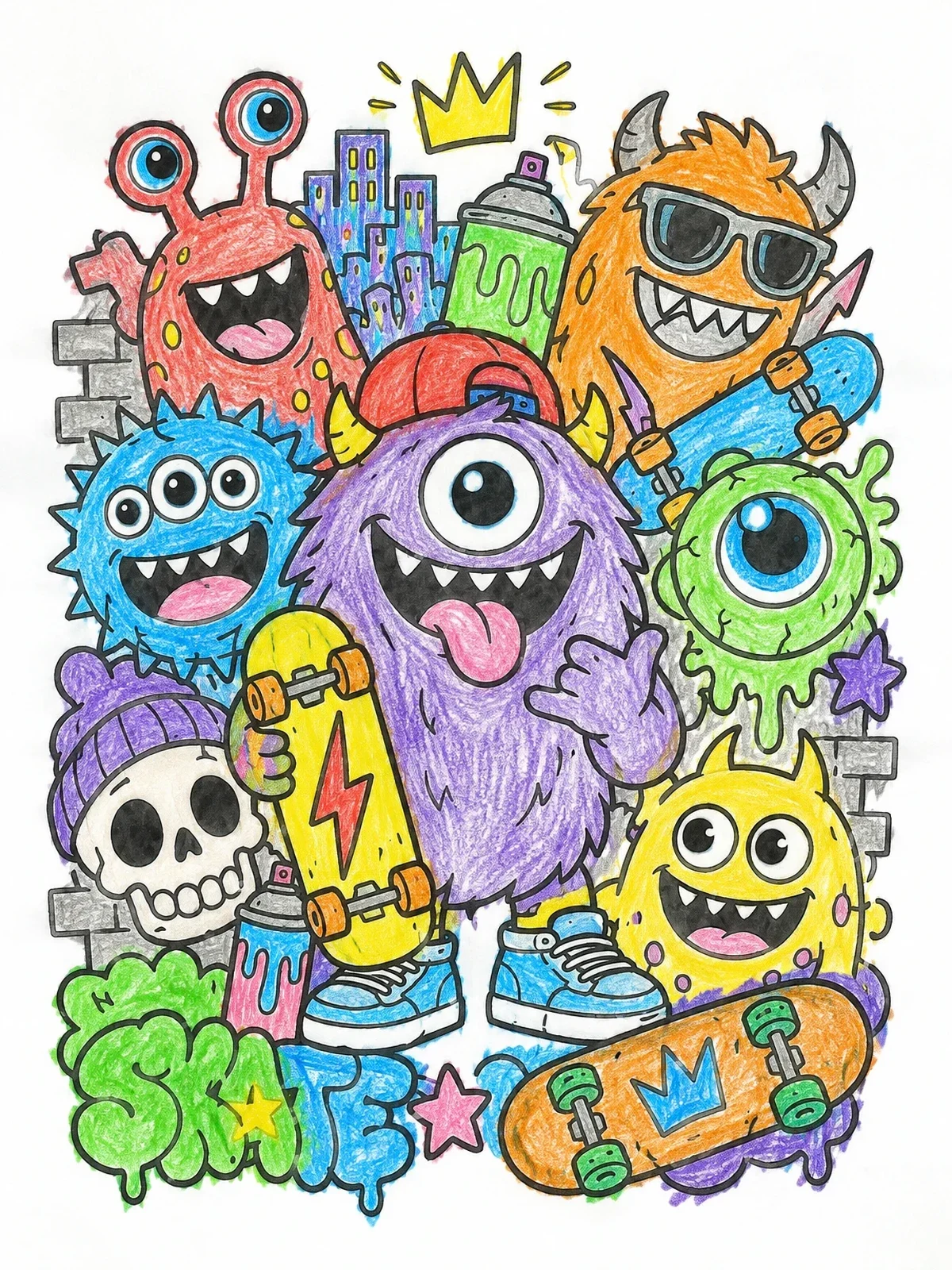 Colored example of the Urban Monster Doodle With Skateboards coloring page