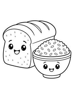 Free printable Cute Loaf Of Bread And Rice Bowl coloring page