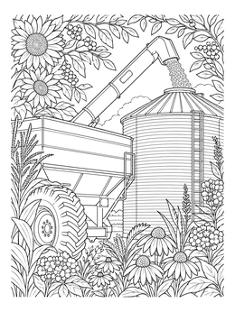A detailed cereal grains coloring page showing a grain cart auger loading harvest into a farm silo.