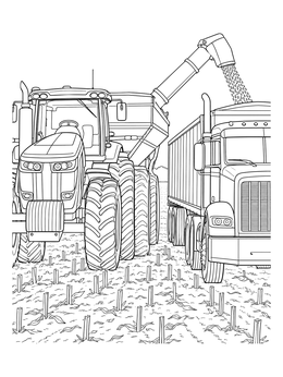 A detailed grains coloring page showing a tractor and auger cart unloading harvest into a semi truck.