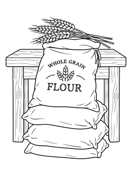 A stack of flour sacks and wheat stalks in a grains coloring page.