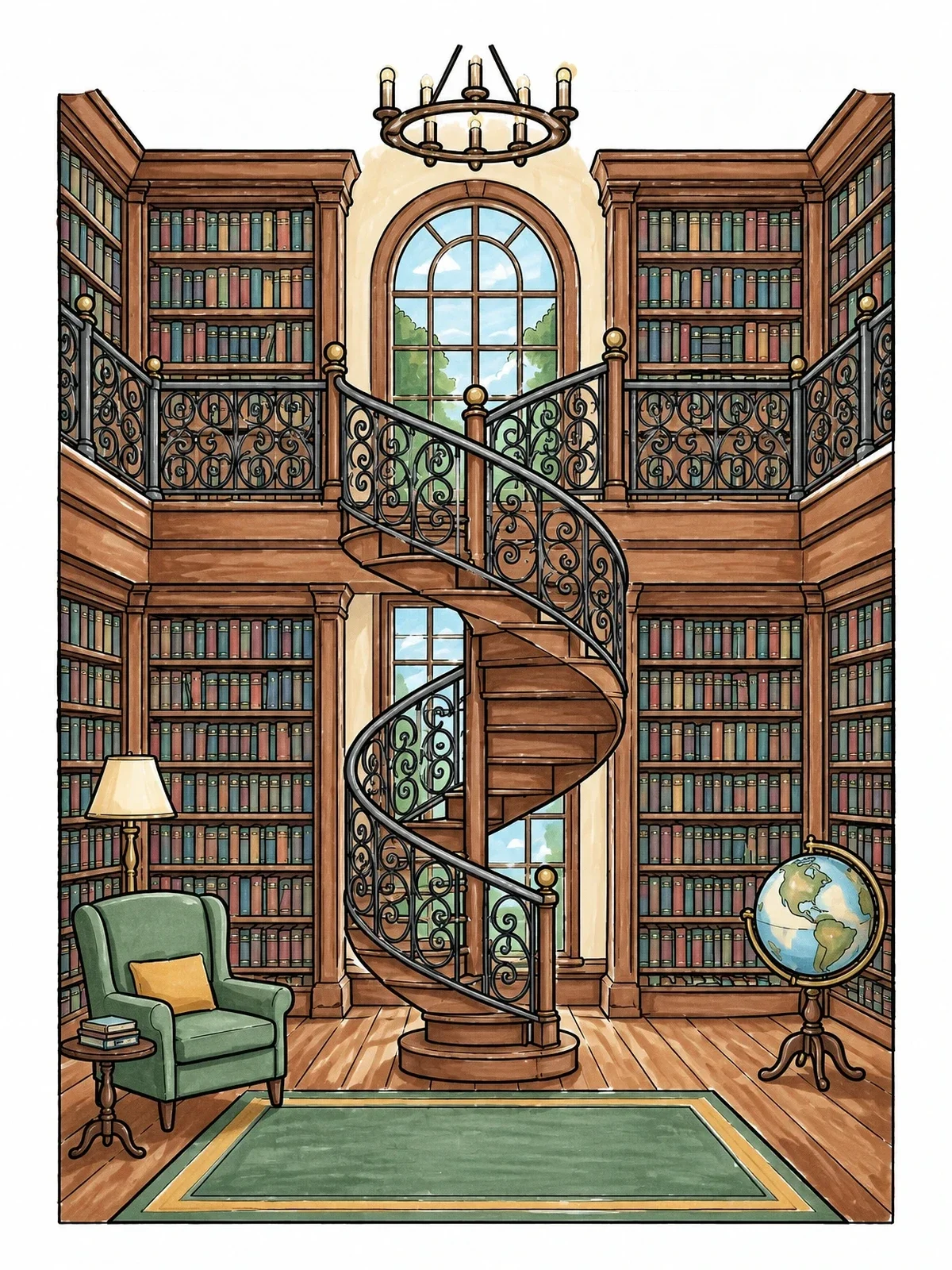 Colored example of the Grand Library With Spiral Staircase coloring page