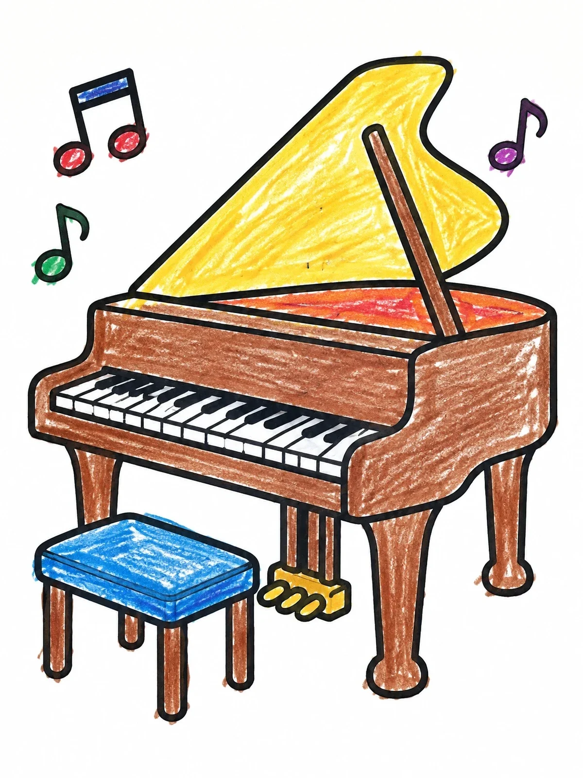 Colored example of the Grand Piano With Stool And Notes coloring page