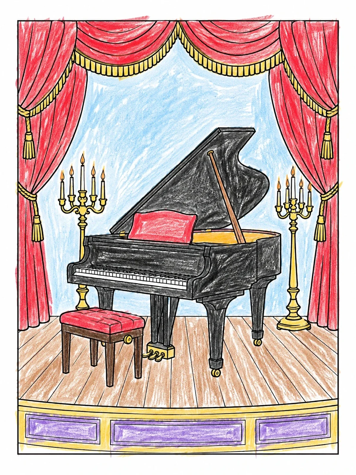 Colored example of the Grand Piano On Stage With Candelabras coloring page