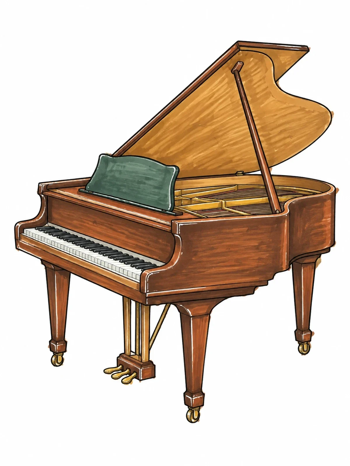 Colored example of the Elegant Grand Piano With Open Lid coloring page