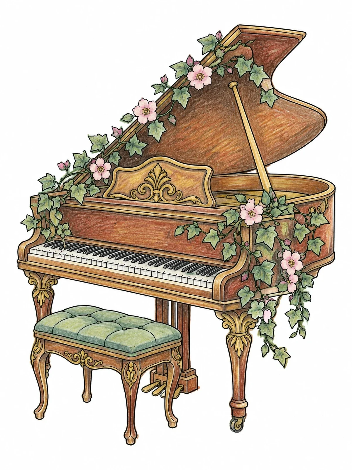 Colored example of the Grand Piano With Floral Vines coloring page