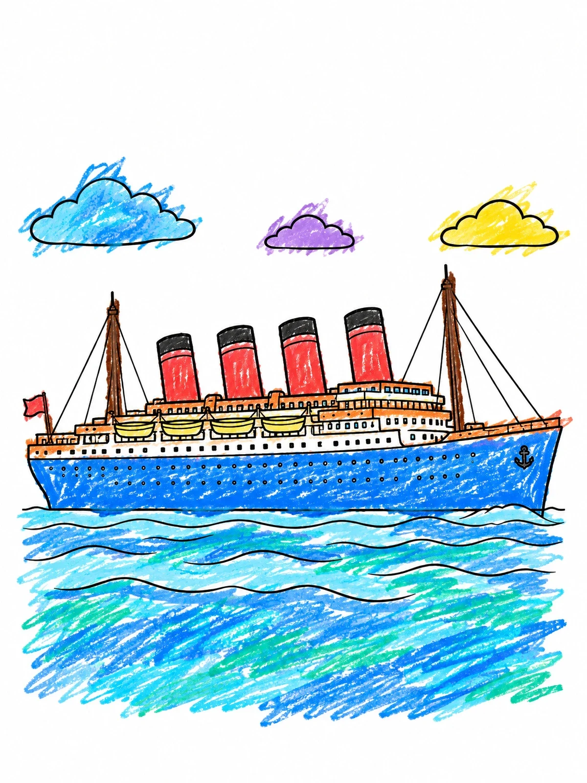 Colored example of the Grand Titanic Ocean Liner At Sea coloring page