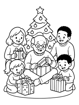 A grandfather and children open presents in this joyful family coloring page.
