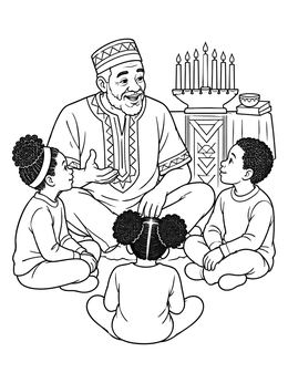 A grandfather shares tales with children in this cozy kwanza coloring page.
