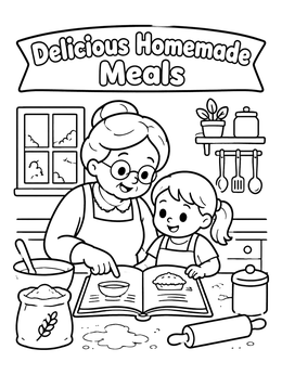 A grandmother and grandchild read together in this cookbook coloring page.