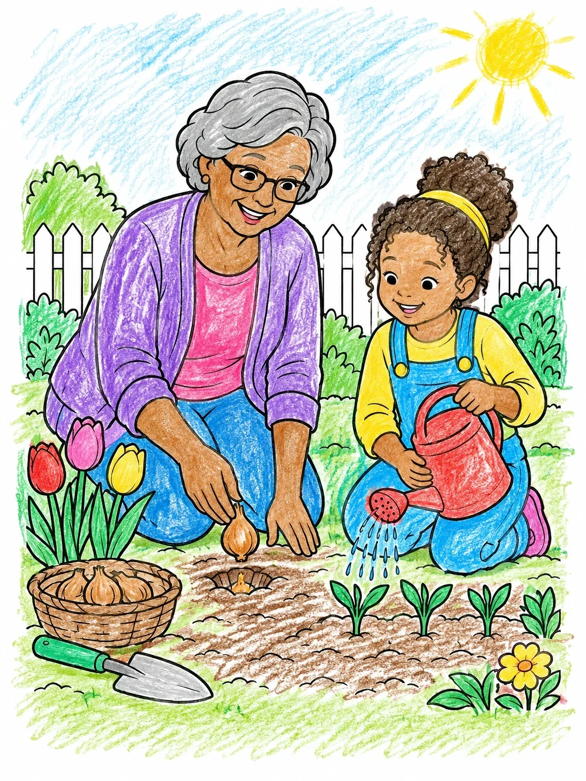 Colored example of the Grandmother And Grandchild Gardening Together coloring page