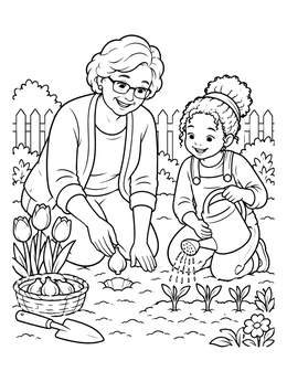 A sweet grandma coloring page featuring a grandmother and granddaughter planting flowers in the garden.
