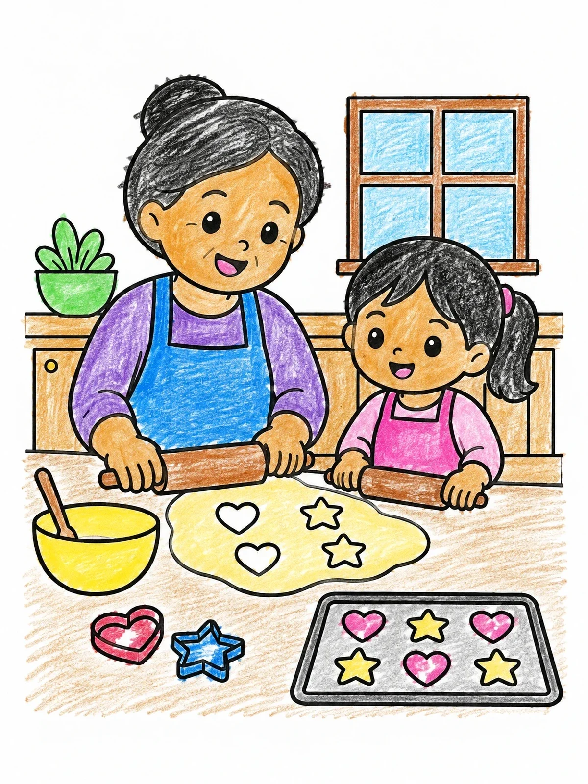 Colored example of the Baking Cookies With Grandma coloring page