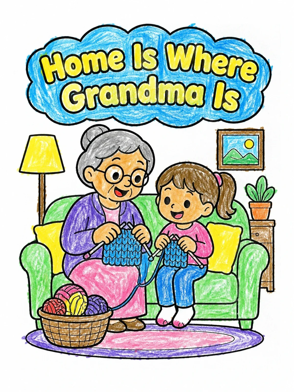 Colored example of the Knitting Together With Grandma coloring page