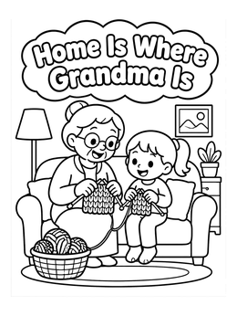 A cozy grandma coloring page showing a grandmother and granddaughter knitting on the sofa.