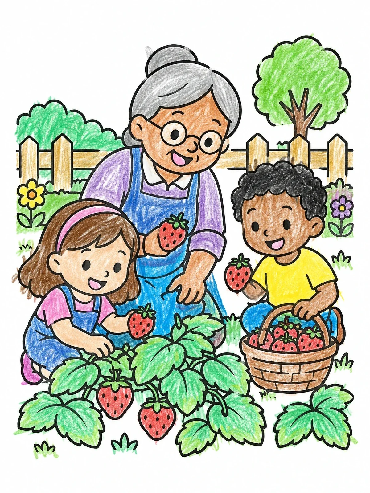 Colored example of the Picking Strawberries With Grandmother coloring page