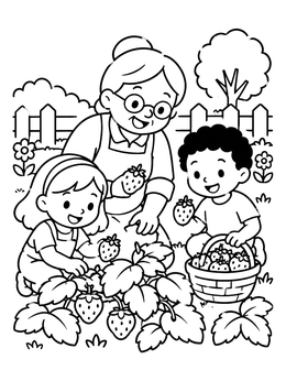 Grandmother and grandchildren harvest berries in this garden coloring page.