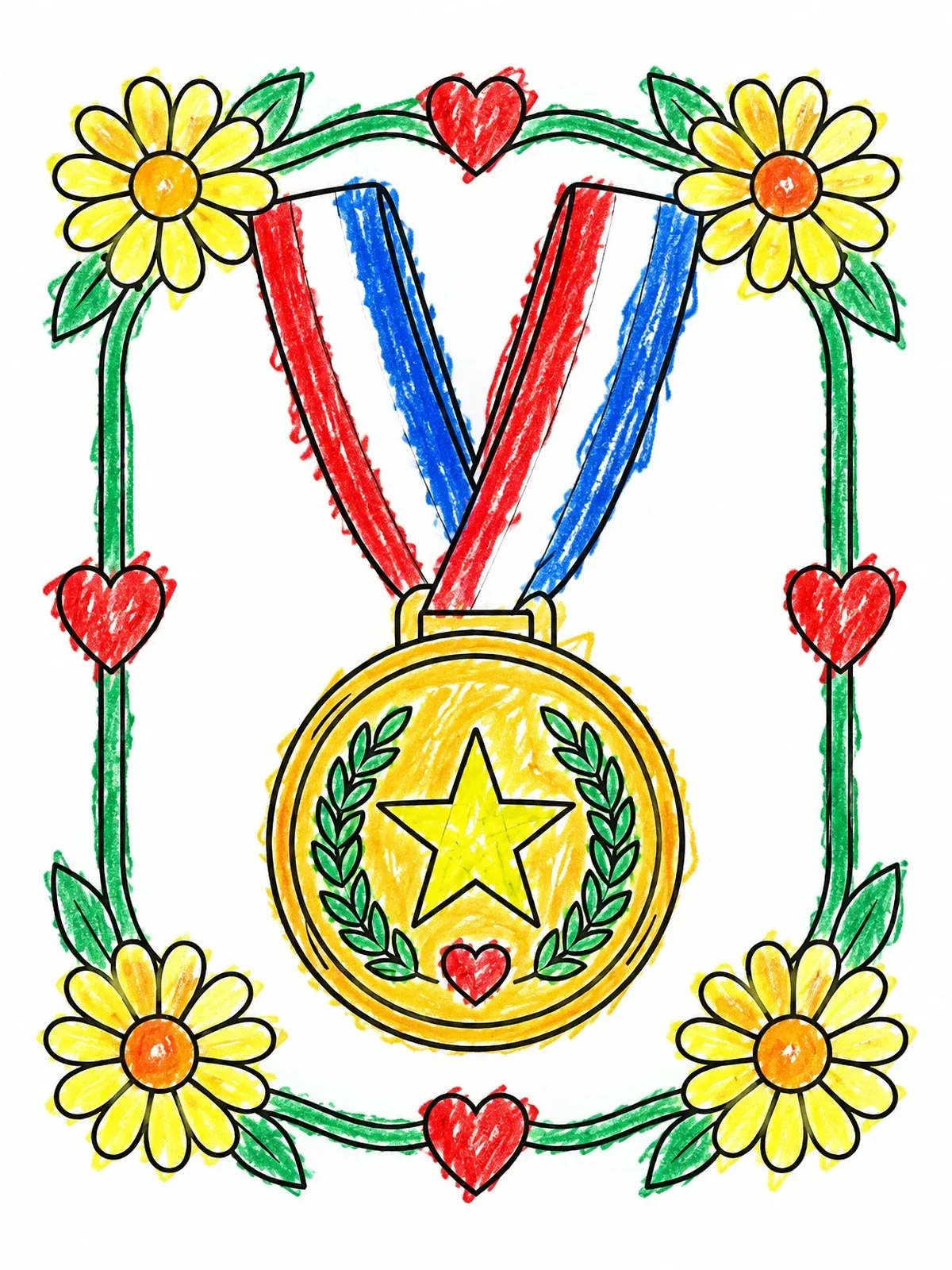 Colored example of the Award Medal In Floral Frame coloring page