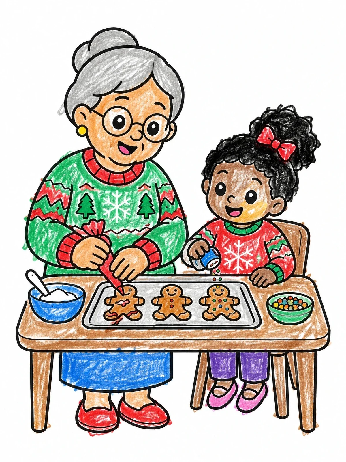 Colored example of the Baking Holiday Cookies With Grandma coloring page