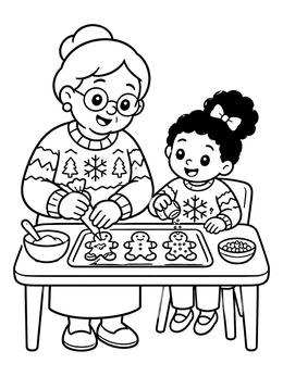 A cheerful grandma coloring page showing a grandmother and granddaughter decorating gingerbread cookies.
