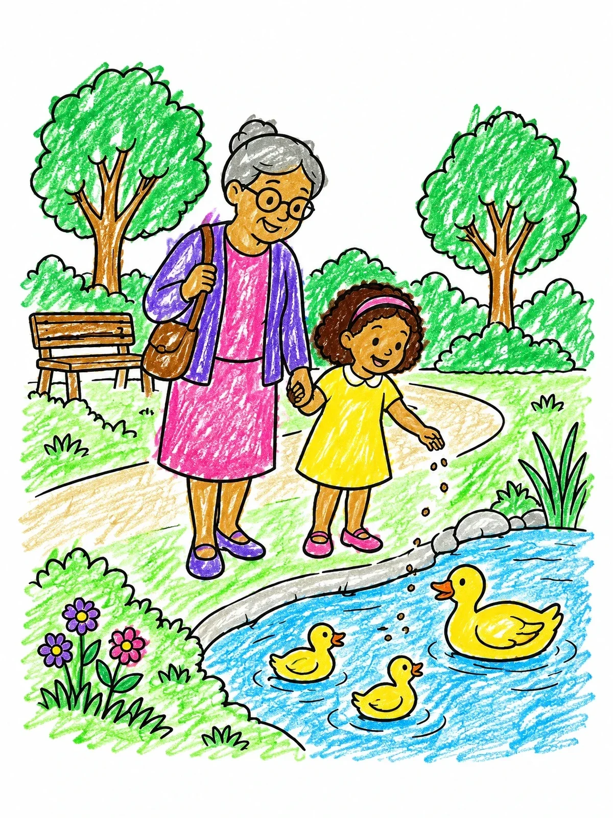 Colored example of the Grandma And Grandchild Feeding Ducks coloring page