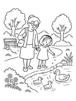 Free printable Grandma And Grandchild Feeding Ducks coloring page