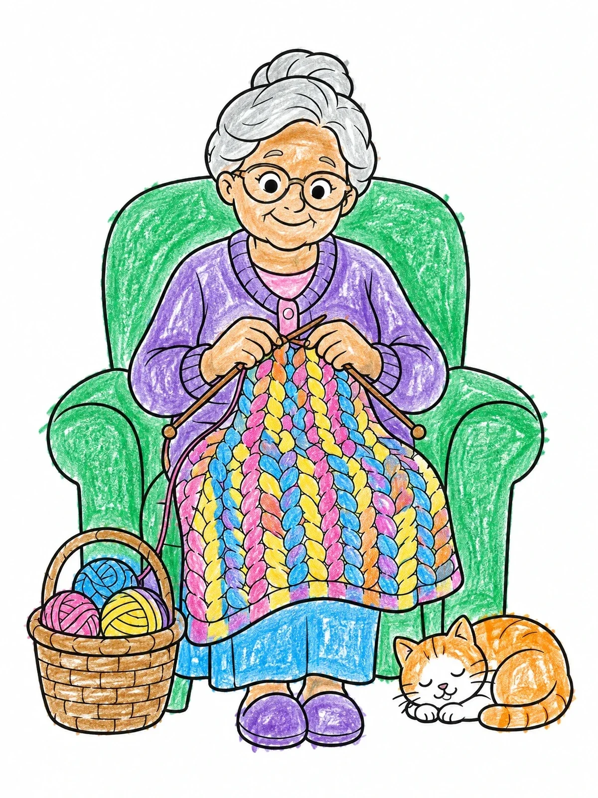 Colored example of the Grandmother Knitting In Armchair With Cat coloring page