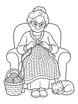 A cozy grandma coloring page featuring an elderly woman knitting a blanket with a sleeping cat nearby.