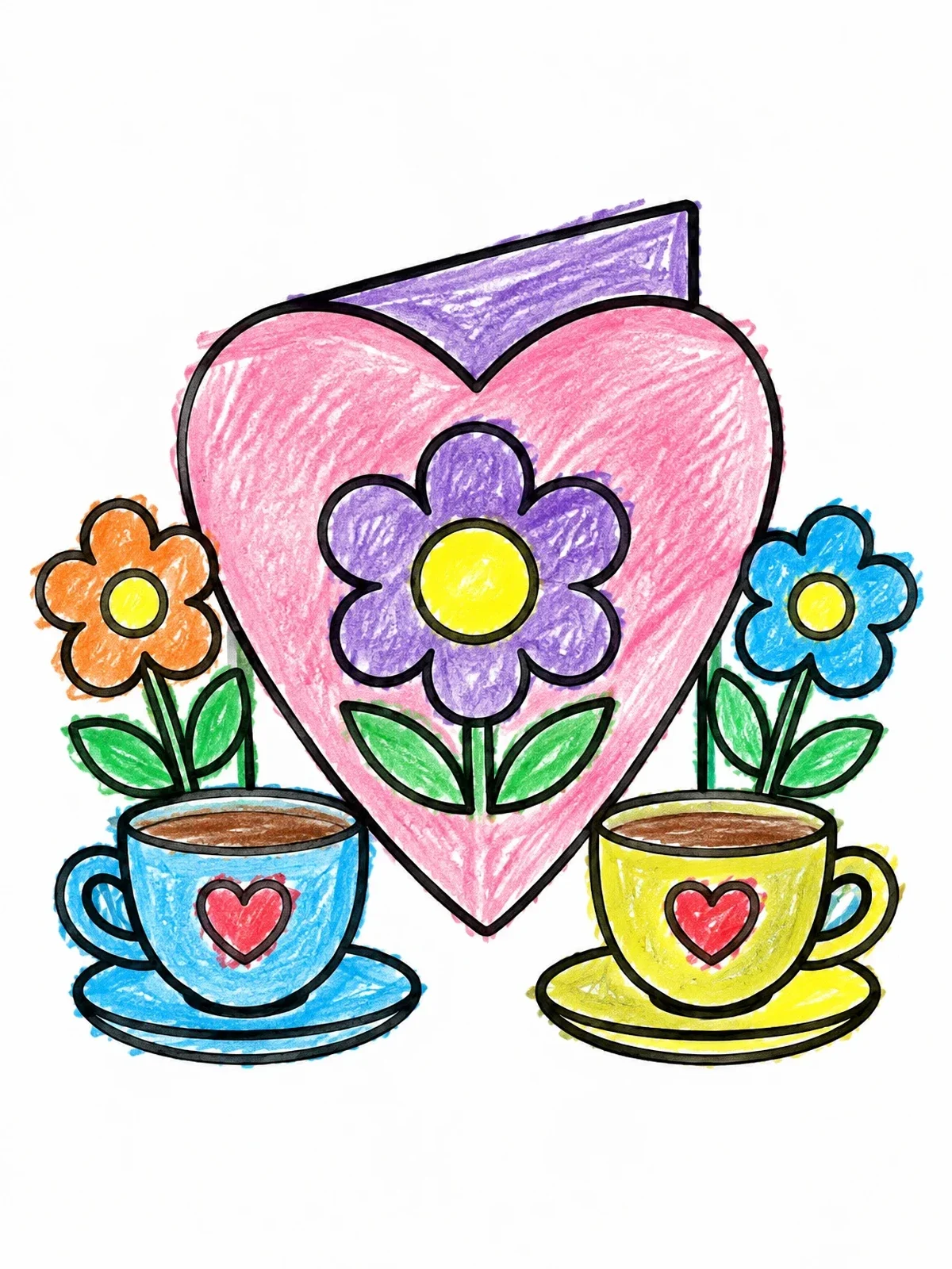 Colored example of the Heart Greeting Card And Teacups coloring page