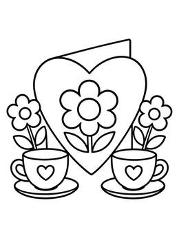 A sweet grandma coloring page with a heart card, daisies, and two teacups.